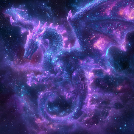Dragon in space. Colorful nebula and stars. 3D renderingの素材