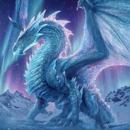 3D rendering of a fantasy dragon in a snowy landscape with mountainsの素材