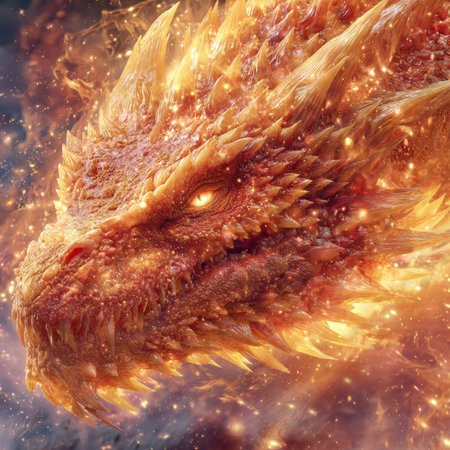 3D rendering of a fantasy dragon with fire in the background.の素材