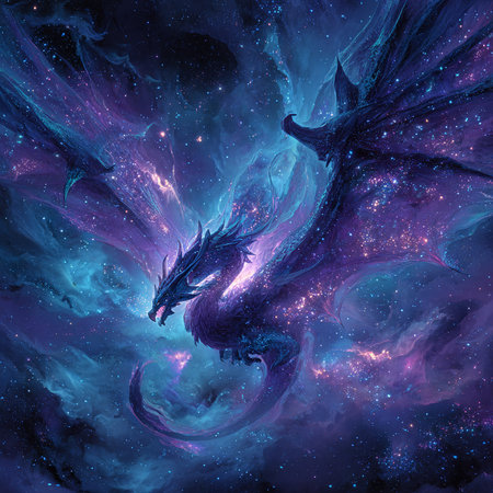 Blue dragon in space with stars and nebula. 3D renderingの素材