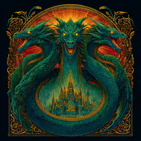 dragon and castle on a black background, fantasy drawing, vector illustrationの素材