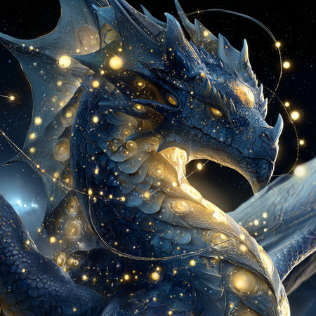 3D rendering of a fantasy dragon isolated on black background with starsの素材