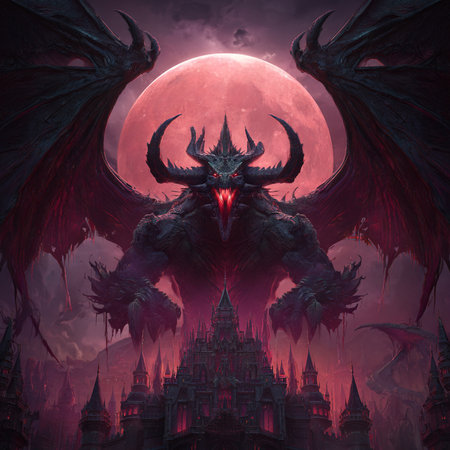 Fantasy scene with a dragon and a castle in the background.の素材