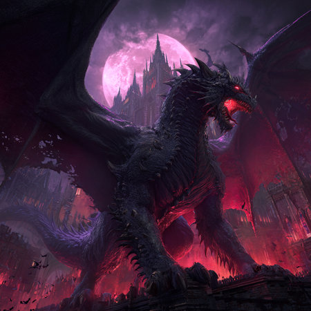 Fantasy scene with dragon and full moon. 3D illustrations.の素材