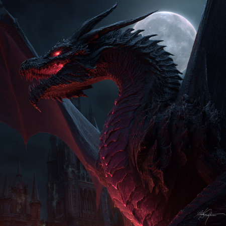 3D rendering of a fantasy dragon in front of a full moonの素材