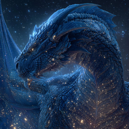 3D rendering of a fantasy dragon with a blue background and starsの素材