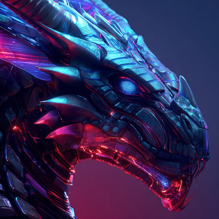 Futuristic metallic head of a dragon. 3D rendering.の素材