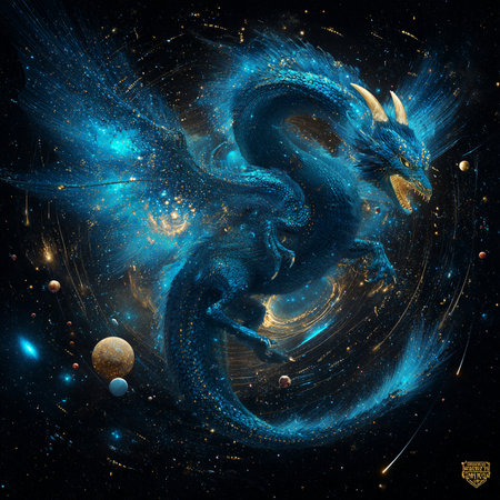 3D rendering of a fantasy dragon isolated on black background with neon lightsの素材