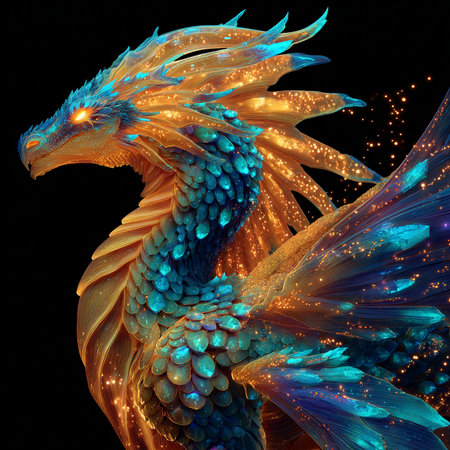 3D rendering of a fantasy dragon with fire and flames background.の素材
