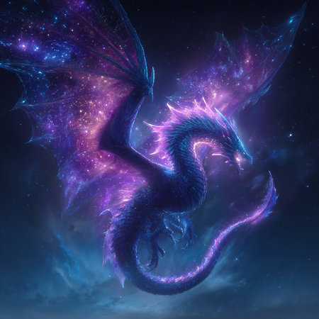 Blue dragon with purple nebula in the night sky. 3D renderingの素材