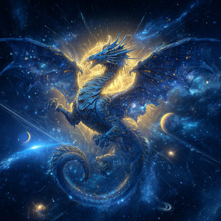 3D rendering of a fantasy dragon in a dark forest with lightsの素材