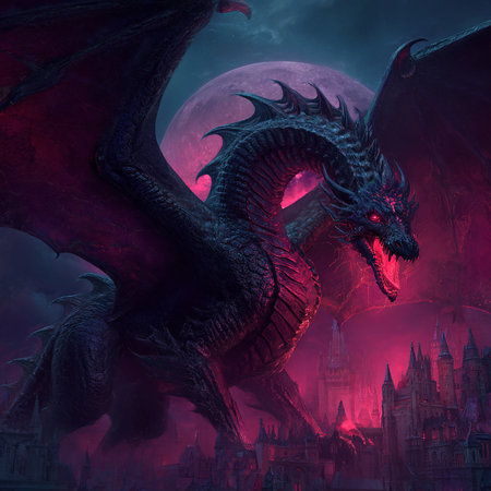 Fantasy landscape with fantasy dragon and castle. 3D illustrations.の素材