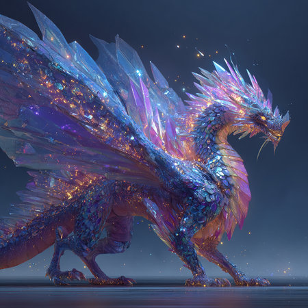 3D rendering of a fantasy dragon isolated on a dark blue backgroundの素材