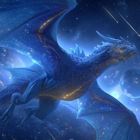 3D rendering of a fantasy dragon against a space background with starsの素材