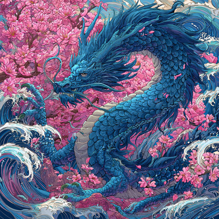 Illustration of a blue dragon with pink sakura blossoms.の素材