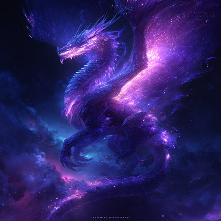 3D rendering of a fantasy dragon in space with stars and nebulaの素材