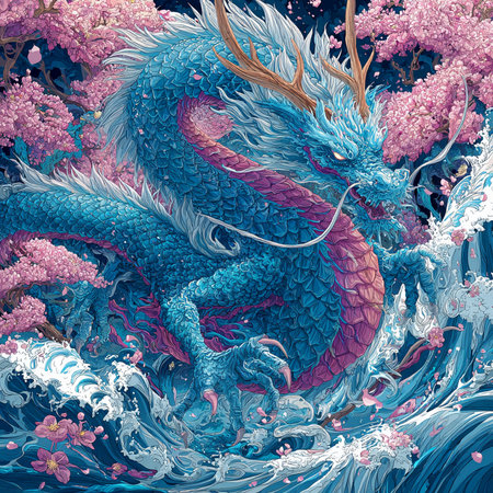Illustration of a dragon surrounded by a flock of cherry blossomsの素材