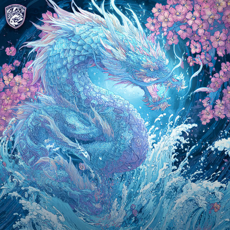 Illustration of a blue dragon on a blue background with flowers.の素材