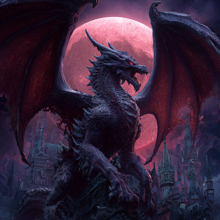 Fantasy dragon with castle on the background. 3D illustrations.の素材