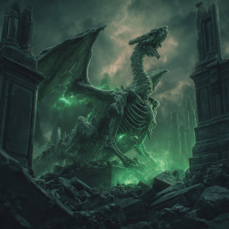 Fantasy landscape with a dragon and a grave. 3d renderingの素材