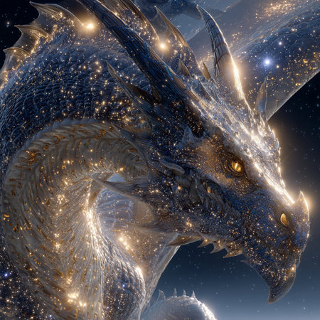 3D rendering of a fantasy dragon in space with stars and nebulaの素材