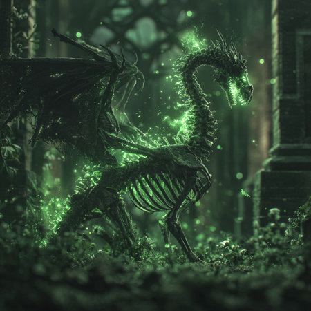 3d rendering of a fantasy dragon in a dark forest with green lightsの素材