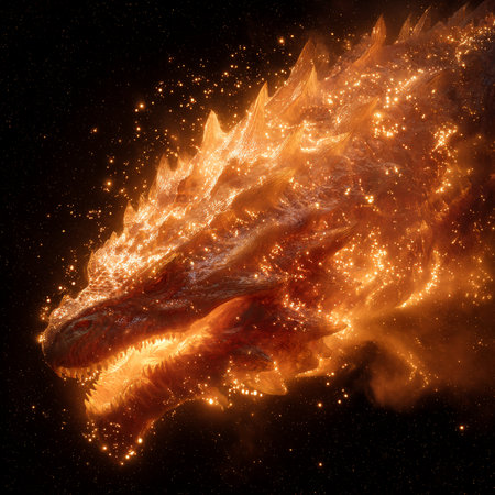 3d rendering of a dragon with fire flames on a black backgroundの素材