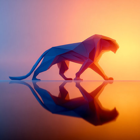 silhouette of origami lion on a colored background with reflectionの素材