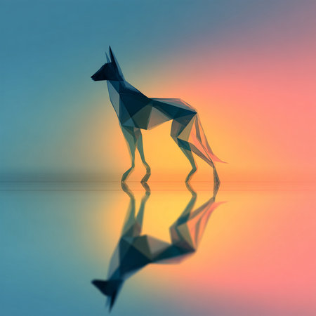 Polygonal origami dog with reflection in water. Abstract backgroundの素材