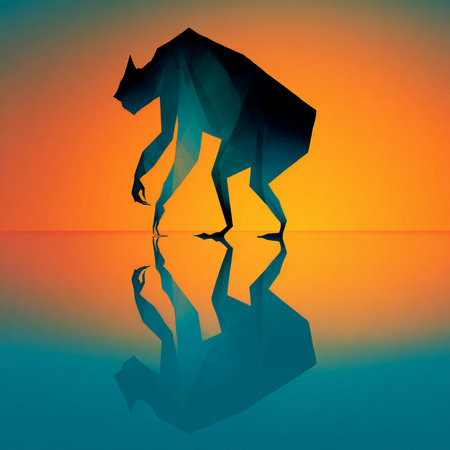 Silhouette of a wolf with reflection on the water. Vector illustration.の素材