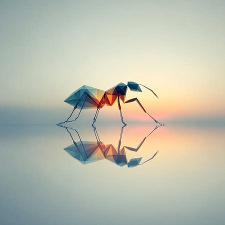 Ant origami with reflection on the water. 3d illustration.の素材