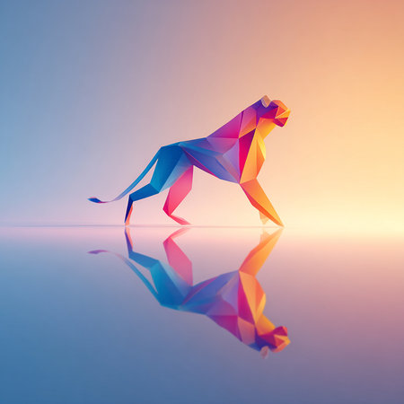 Abstract polygonal leopard on a blue background with reflection. 3d renderingの素材
