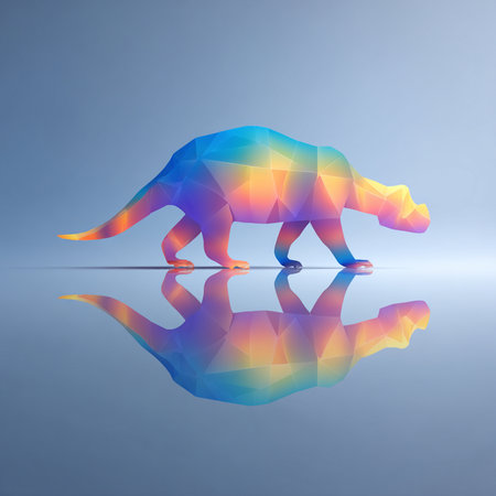 Polygonal origami dinosaur with reflection on water. Vector illustration.の素材