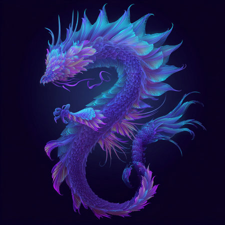 Illustration of blue dragon on dark background. Graphic concept for your designの素材