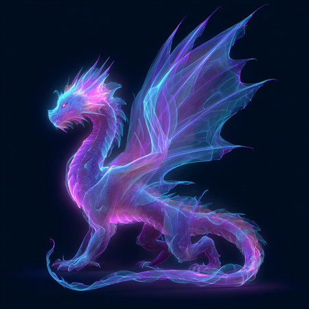3D rendering of a fantasy dragon isolated on black background with neon lightsの素材