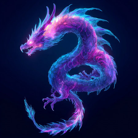 Colorful dragon on dark background. 3d rendering, 3d illustration.の素材