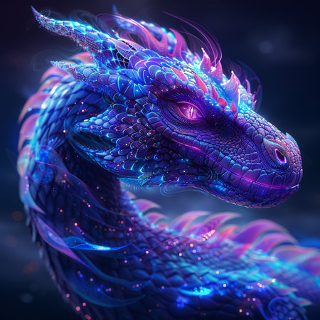 3D rendering of a fantasy dragon isolated on a dark blue backgroundの素材