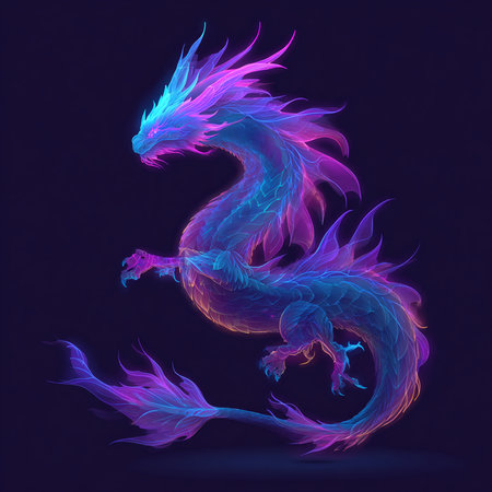 Colorful dragon isolated on dark background. Vector illustration for your designの素材