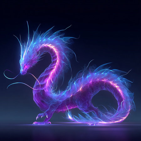 3D rendering of a fantasy dragon on a dark background with colored lightsの素材