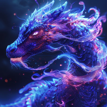 Blue dragon with glowing lines on dark background. 3D rendering.の素材