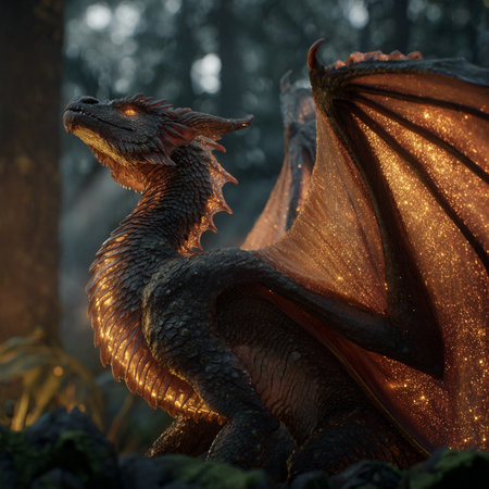 3D rendering of a fantasy dragon isolated on black background with golden lightsの素材