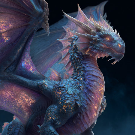 3D rendering of a fantasy dragon isolated on black background with smokeの素材