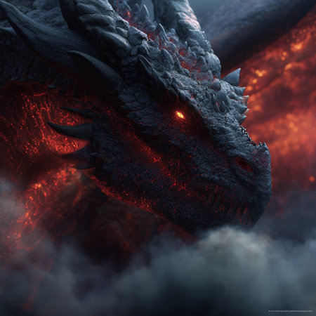 3D rendering of a fantasy dragon with fire and smoke in the backgroundの素材