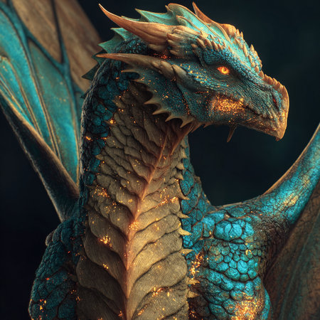 3D rendering of a fantasy dragon isolated on black background with golden lightsの素材
