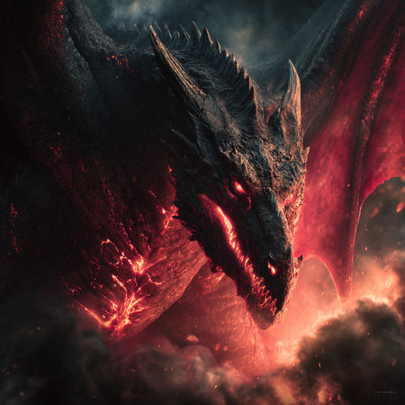 3D rendering of a fantasy dragon in space with fire and smokeの素材