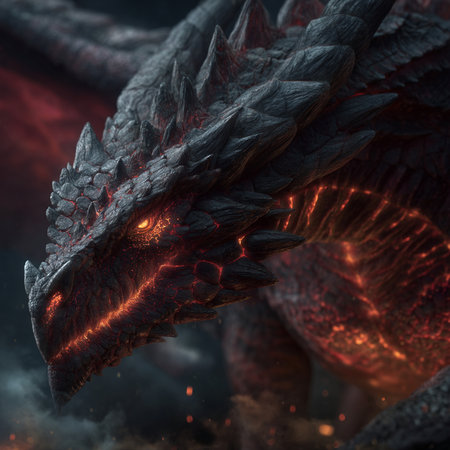 3D rendering of a fantasy dragon with fire and smoke in the backgroundの素材
