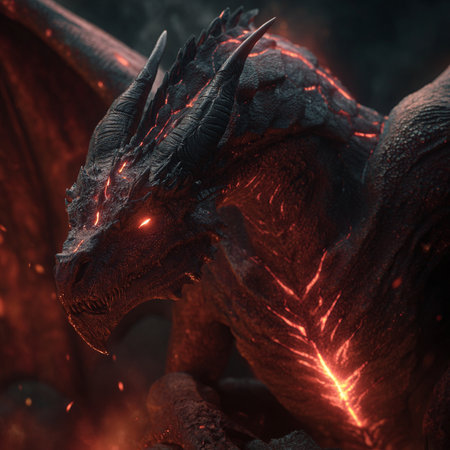 3D rendering of a fantasy dragon with fire in the background.の素材