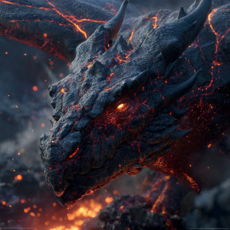 Close-up of the head of a dragon in the fire.の素材