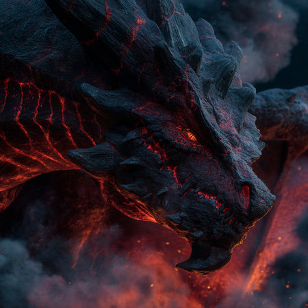 3D rendering of a fantasy dragon with fire and smoke in the backgroundの素材