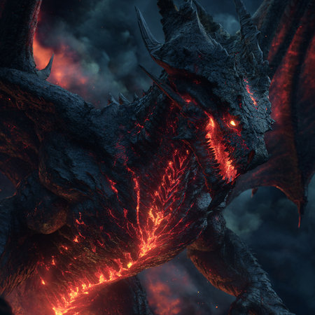 3D rendering of a fantasy dragon with fire in the background.の素材